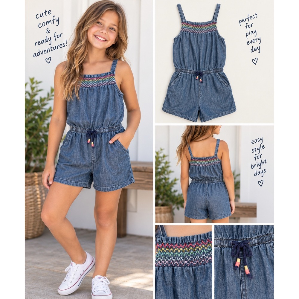 Cat & Jack Girls Denim Romper Rainbow Smocked Cotton Blue Sleeveless Size 10/12